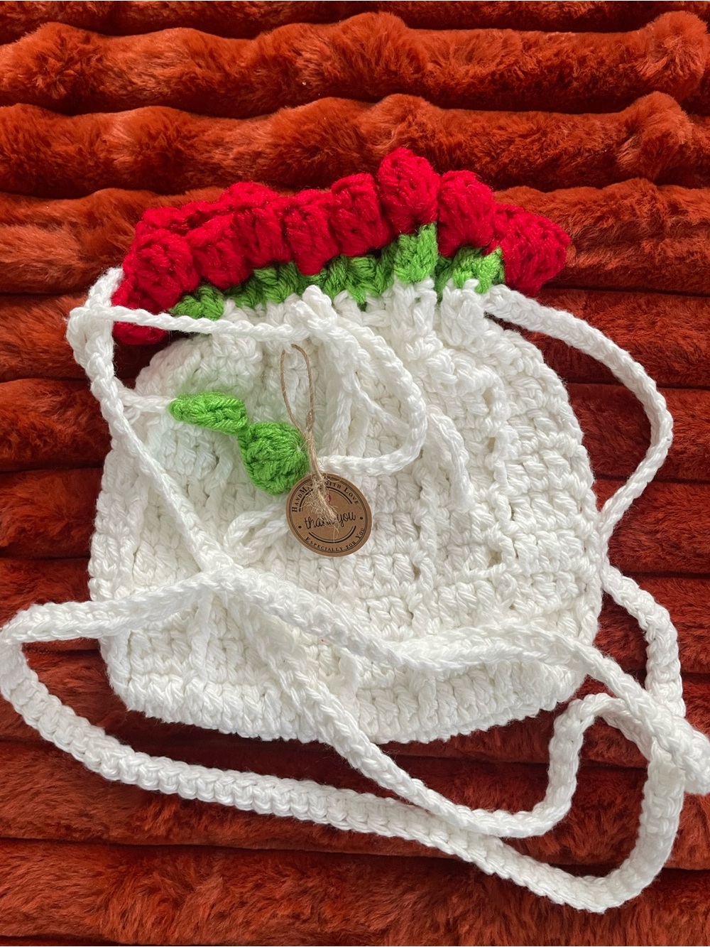 Handmade White Crochet Drawstring Bag with Red Flower Trim